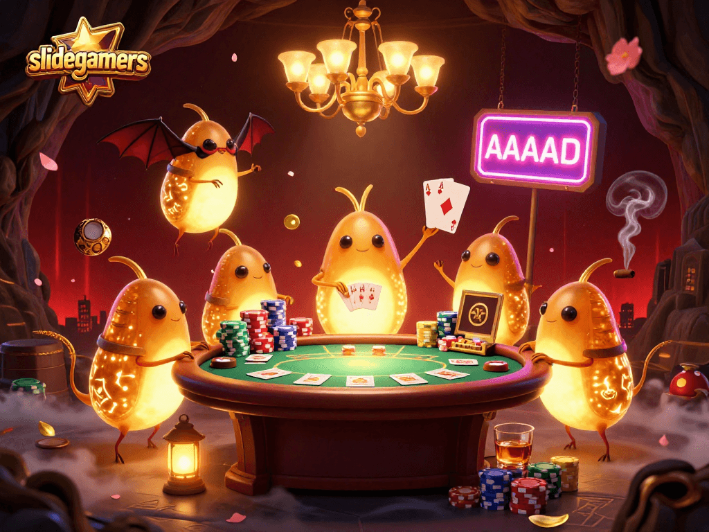 Slidegamers' glowworms and bat dealer create an engaging poker scene in colorful cave casino.