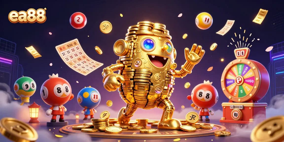 Win big with ea88 in this vibrant and energetic casino scene featuring lottery balls and a golden golem.