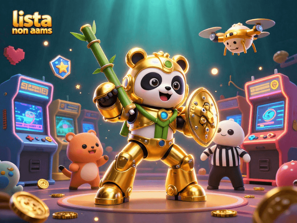 In questa scena dinamica della lista casino non aams, un panda d'oro pilota un robot da combattimento circondato da giochi arcade e spettatori animali.