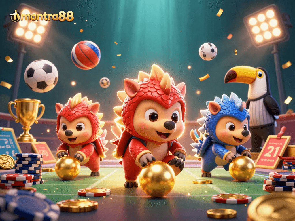Join the fun at mantra88 with vibrant pangolins rolling in golden chips for exciting casino action.