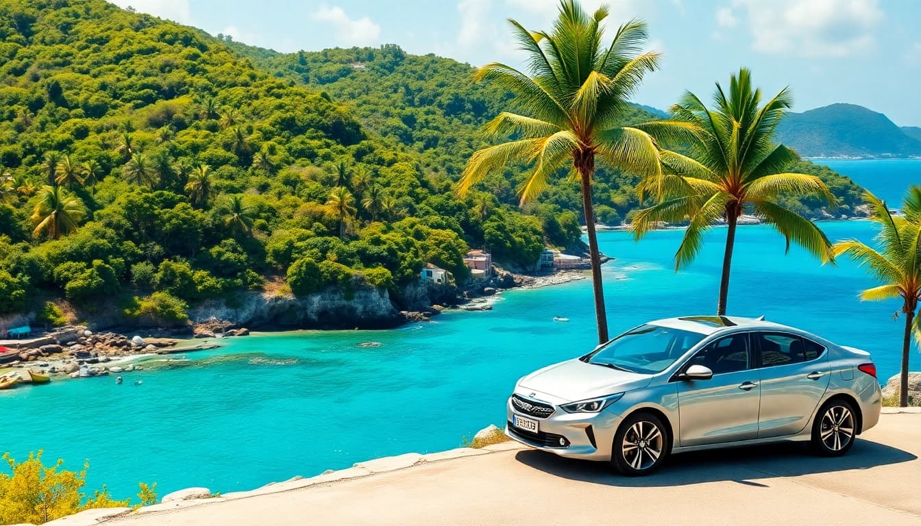 Experience car hire st barth with a sleek rental car against a stunning coastal backdrop.