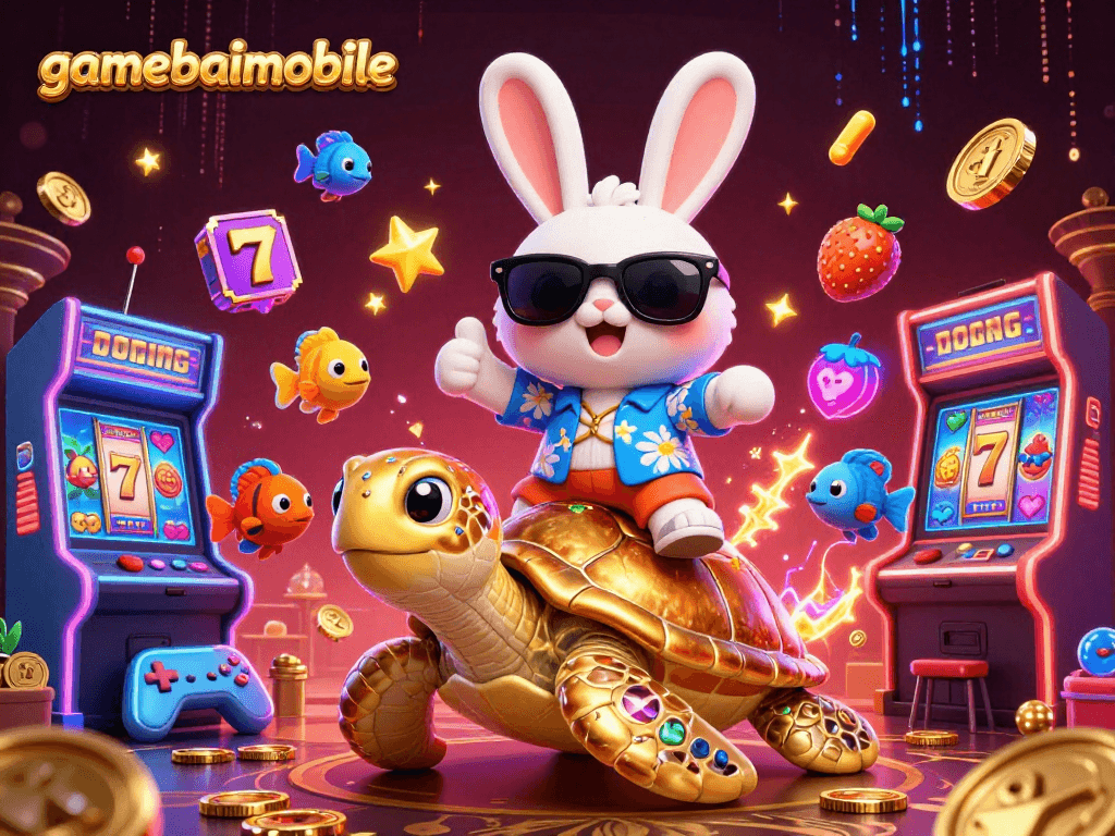 Experience gamebaimobile's vibrant casino atmosphere with a lucky rabbit and golden turtle amidst slot reels and arcade elements.