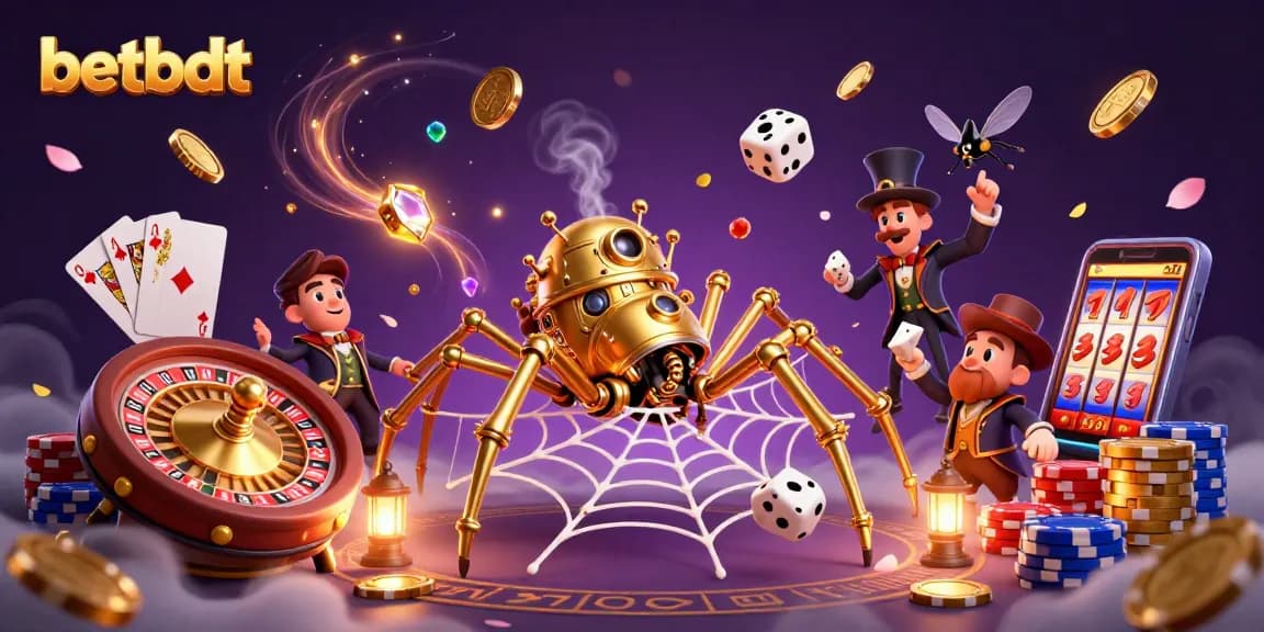 Experience the excitement of betbdt as the steampunk spider captures dice in a dynamic casino scene.