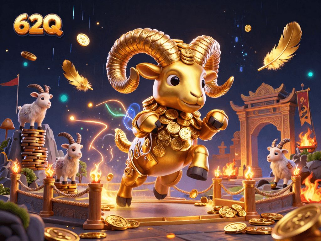 Aposte no 62Q, com um carneiro dourado em um cenário de cassino vibrante.