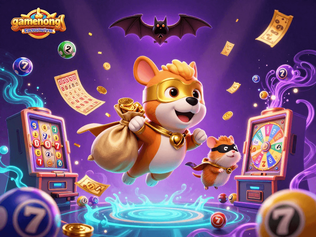 Experience gamenongtraivuive with a vibrant scene featuring a superhero dog and lucky symbols, dynamic and rewarding.