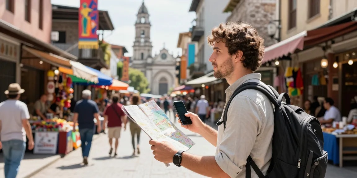 Traveler enjoying a guided tour with NAGA2000 in an exciting cityscape.