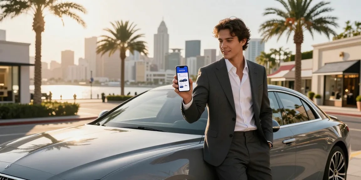 Momen mewah dengan mobil LUXURY 777 di latar belakang kota, pria berpakaian jas menampilkan gaya hidup mewah.