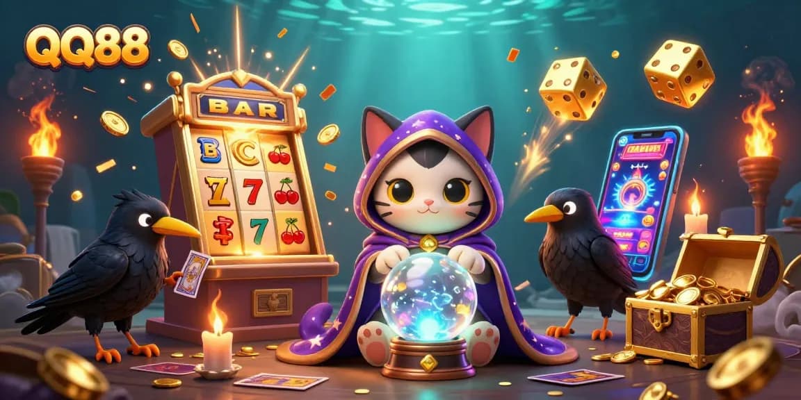 Bet on QQ88's exciting features with a mystical cat and raven surrounded by casino elements.