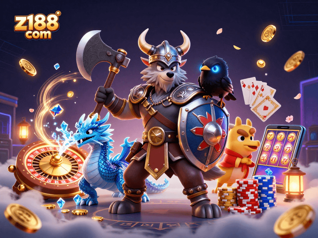 Play exciting games with z188 com's Viking-themed illustration, featuring symbols of wealth and adventure in a vibrant casino.