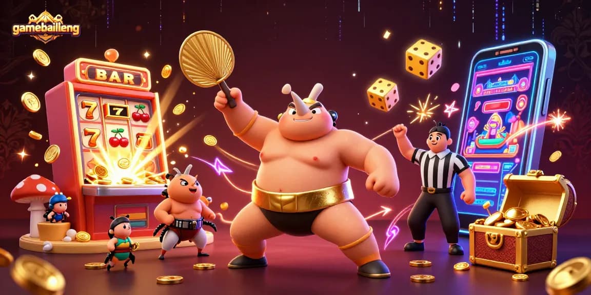 gamebailieng features a sumo beetle champion amidst a dynamic casino scene with vibrant gaming elements.