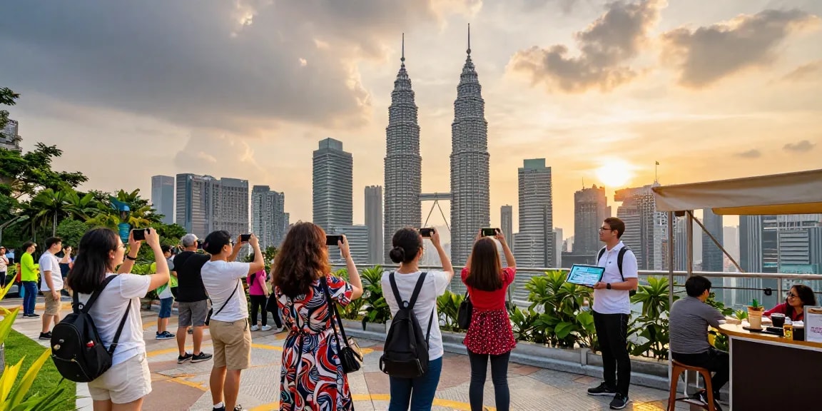 Merdeka 118 Acttractions featuring tourists enjoying the stunning skyline view from the observation deck at sunset.