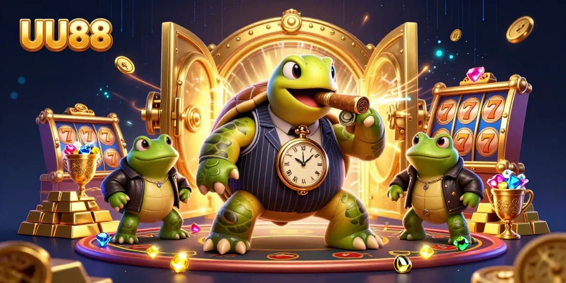 Experience the thrill of UU88 with a vibrant casino scene featuring a mobster turtle surrounded by riches.
