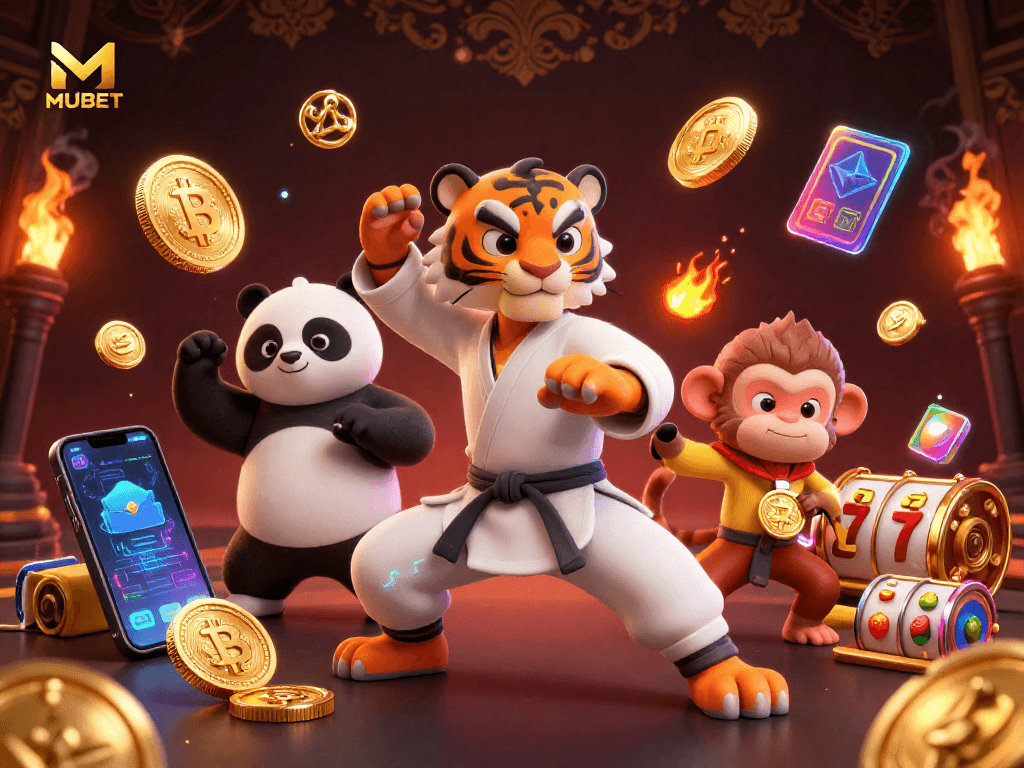 MUBET showcases a vibrant casino scene with kung fu characters and cryptocurrency elements.