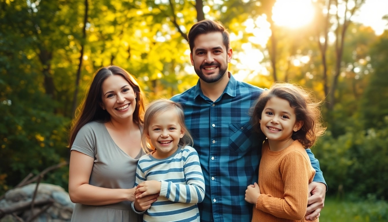 Family photographer Woodstock Ontario capturing a joyful family portrait outdoors in lush greenery.