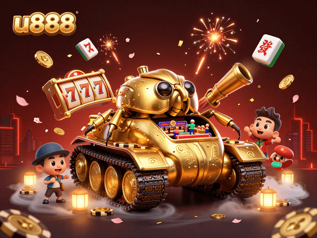 u888's interactive casino scene features a golden beetle tank, confetti cannons, and vibrant game elements.
