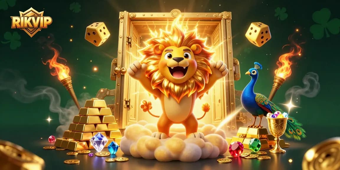 Experience the thrilling adventure of RIKVIP with vibrant visuals and golden treasures in this 3D casino illustration.
