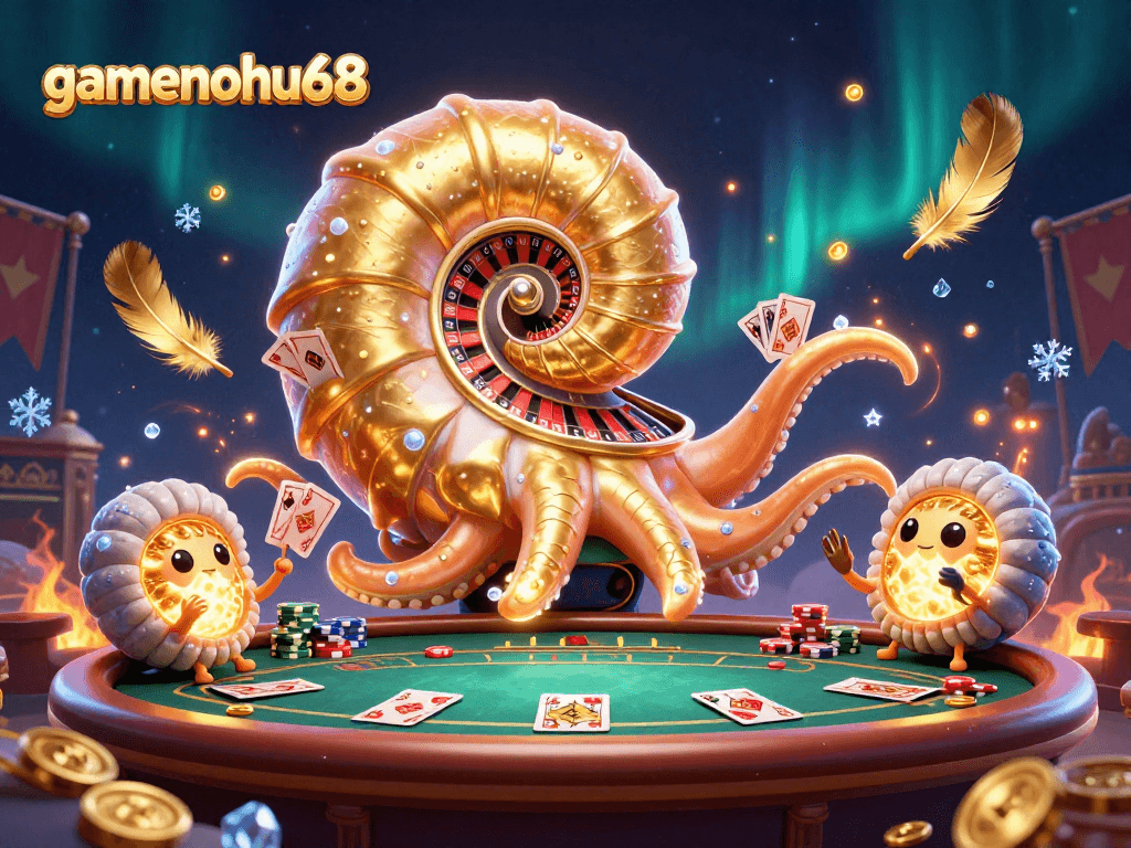 Engage with gamenohu68's vibrant casino scene featuring a giant nautilus roulette wheel and poker elements.