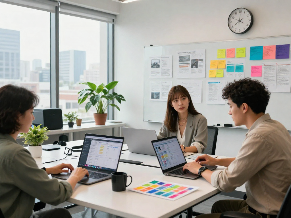 Collaborative workspace producing ai 18+ content with teams brainstorming creative strategies.