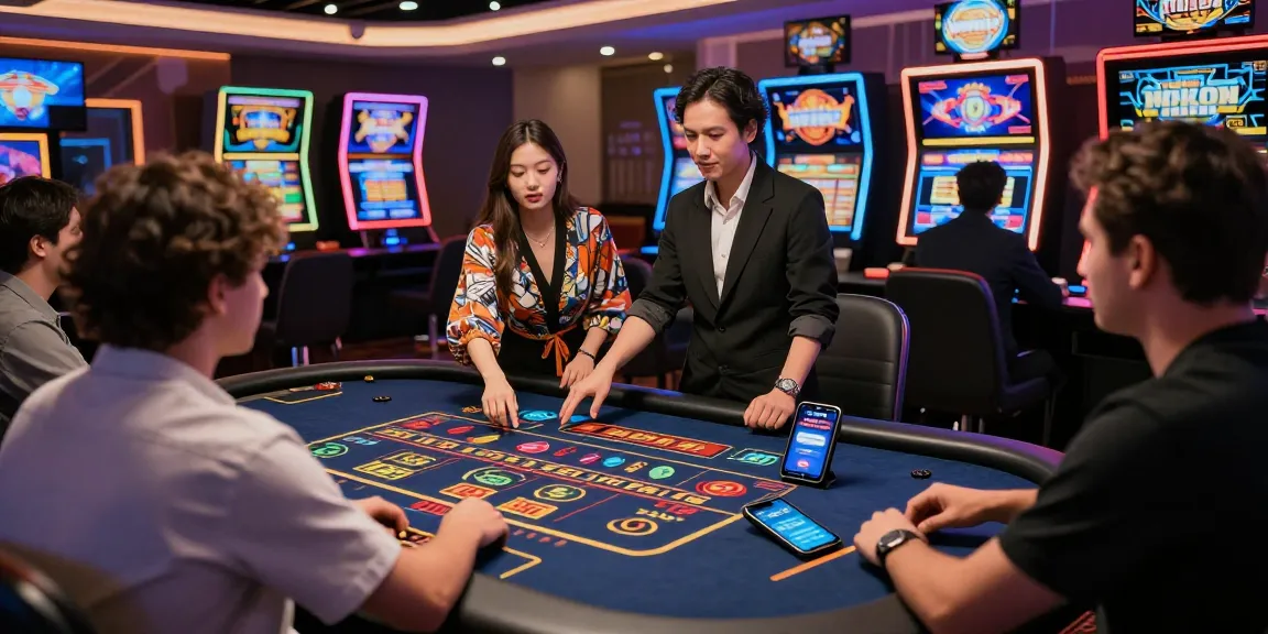 Exciting GemBet SG live casino gaming atmosphere with players and a dealer.