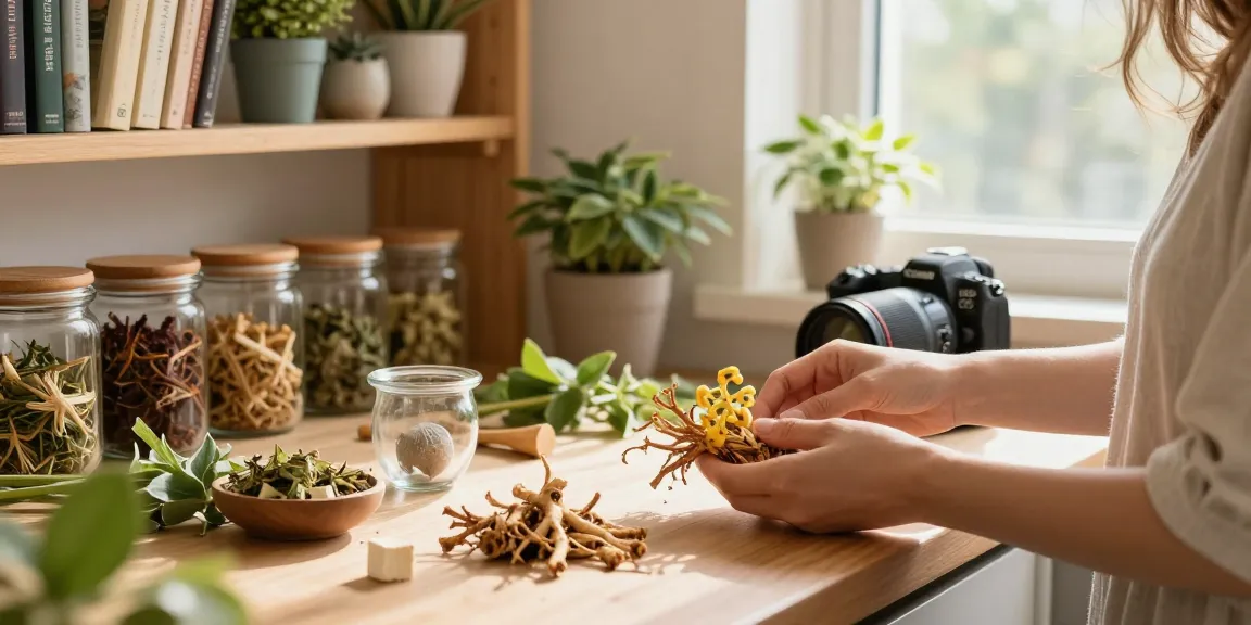 Préparation de plantes apaisantes du confort urinaire avec guimauve et passiflore dans une cuisine lumineuse.