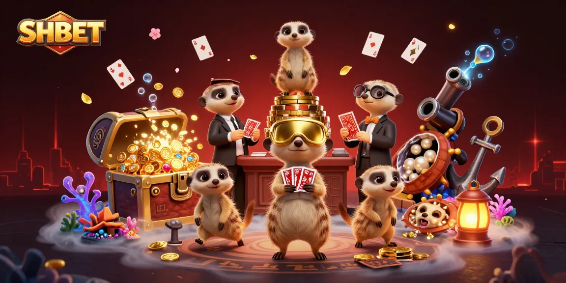 Experience the thrill at SHBET's vibrant casino with meerkats dealing cards and sneaking chips in an underwater wonderland.