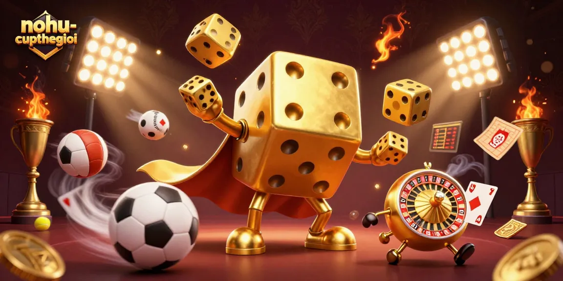 Engage with nohu-cupthegioi while experiencing thrilling sports betting with 3D golden dice and lively casino elements.