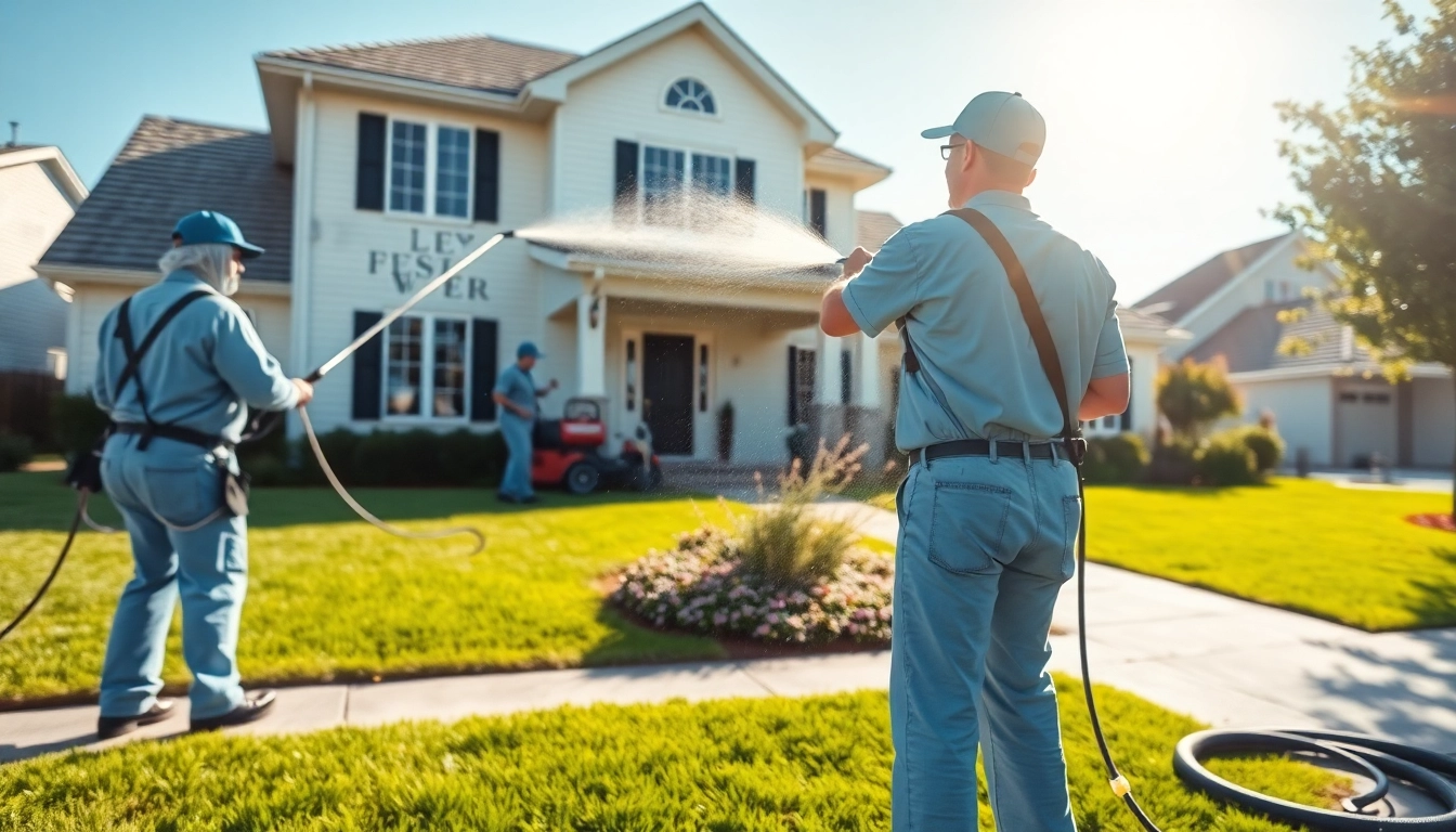 Professionals engaged in House Washing service, showcasing cleaning techniques on a two-story home.