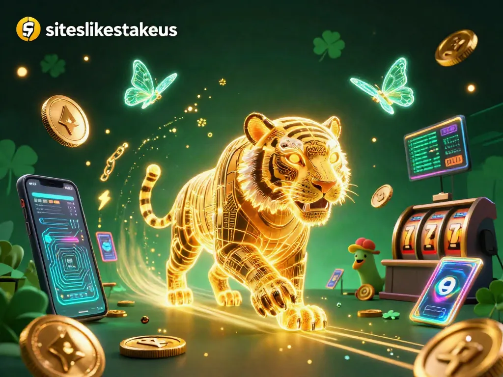 Engage at siteslikestakeus with an energetic casino scene featuring a glowing tiger and cryptocurrency elements.