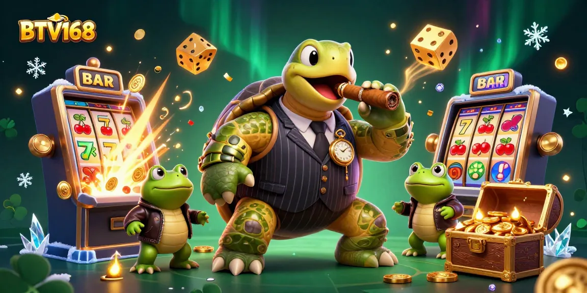 BTV168 showcases a lively casino scene with a mobster turtle and bullfrog enforcers amidst vibrant slot game action.