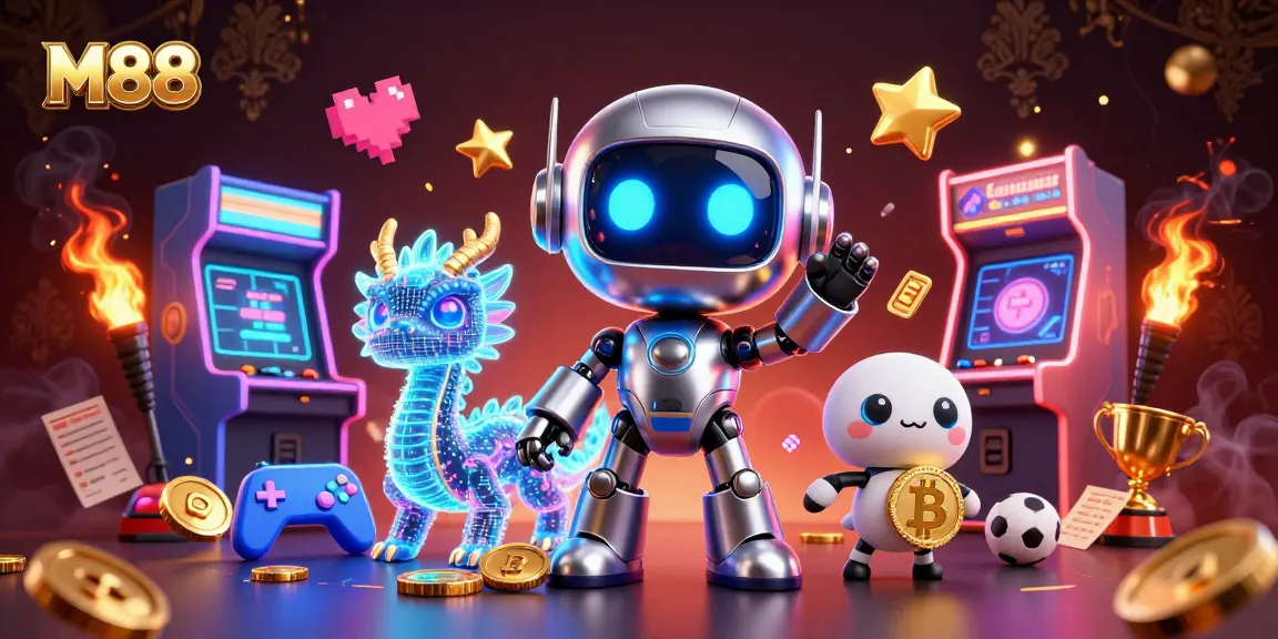 M88 sports betting scene illustration featuring a cyberpunk robot, AI dragon, and bitcoin drone.