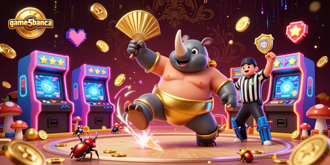 Experience thrilling gameplay at game5banca featuring a sumo beetle champion amid flying coins and vibrant game machines.