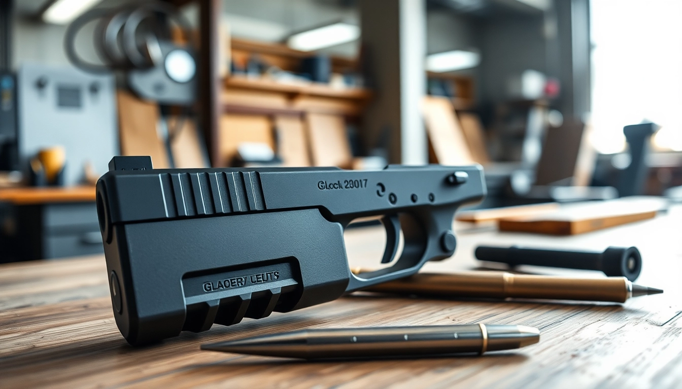 Showcasing glock 17 slides with precision engineering and detailed craftsmanship in a workshop setting.