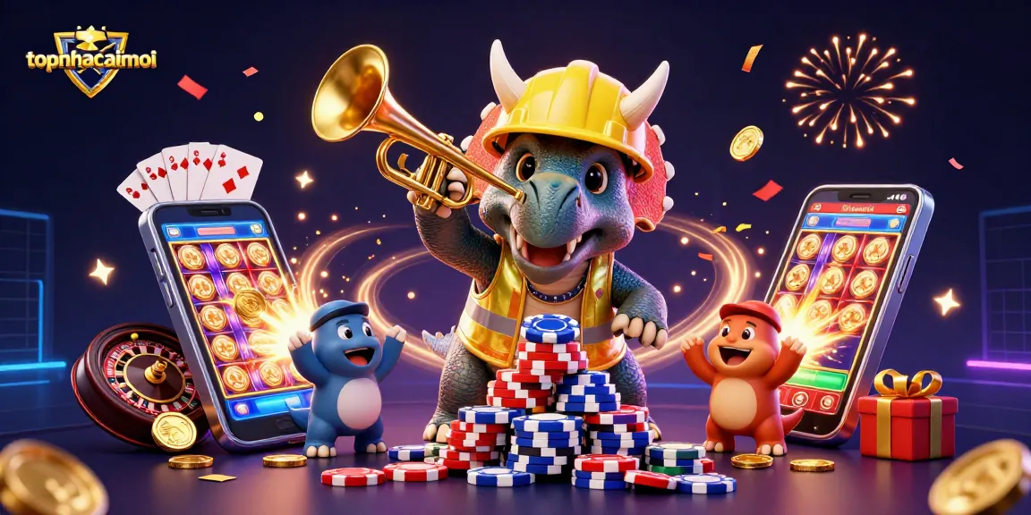 topnhacaimoi showcases a 3D cartoon triceratops, vibrant slots, and casino elements in a dynamic, celebratory scene