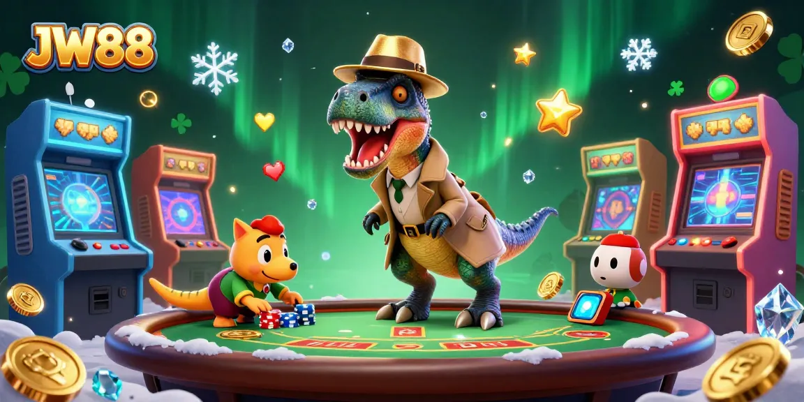 JW88 card counter velociraptor sneaks chips at a blackjack table, surrounded by vibrant casino gaming elements.