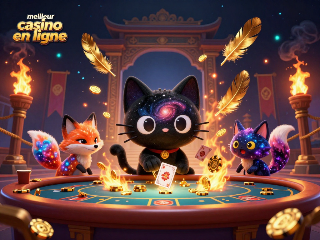 Profitez d'une illustration du meilleur casino en ligne avec un chat noir magique et un renard nébuleux.