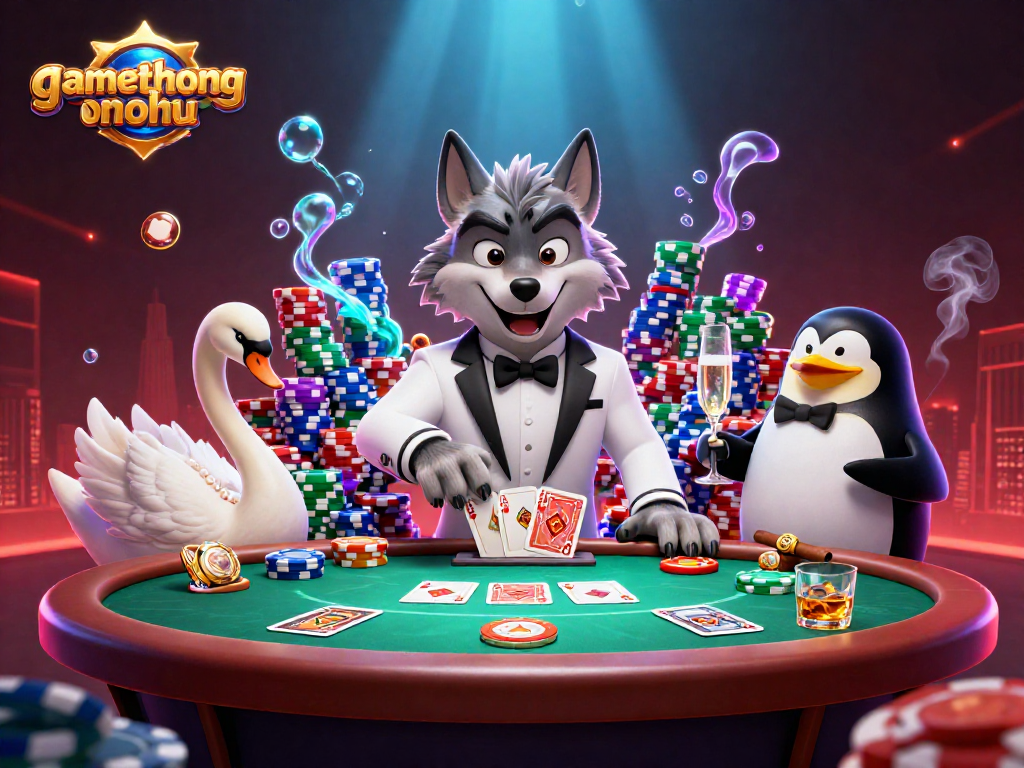 gamethuongnohu showcases a vibrant 3D illustration of a debonair wolf and friends at a poker table, enhancing your gaming experience.