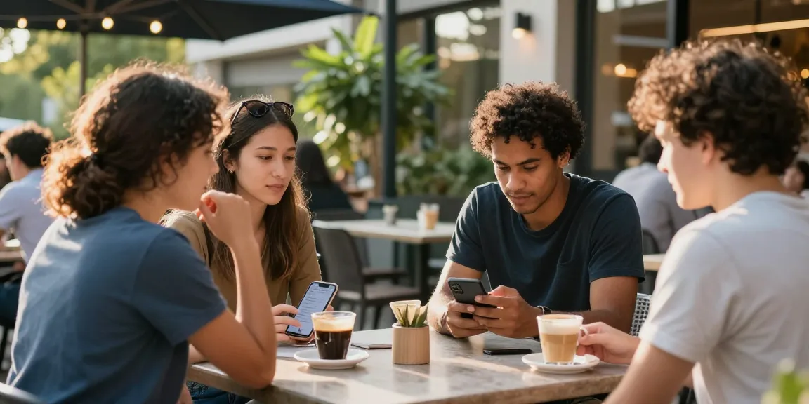 Engaging singles using dating app in a cozy outdoor café atmosphere.