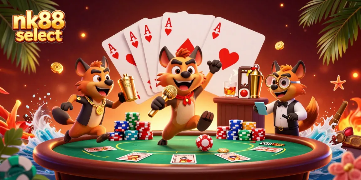 Experience fun at nk88 select's vibrant comedy casino with lively hyenas and engaging games.