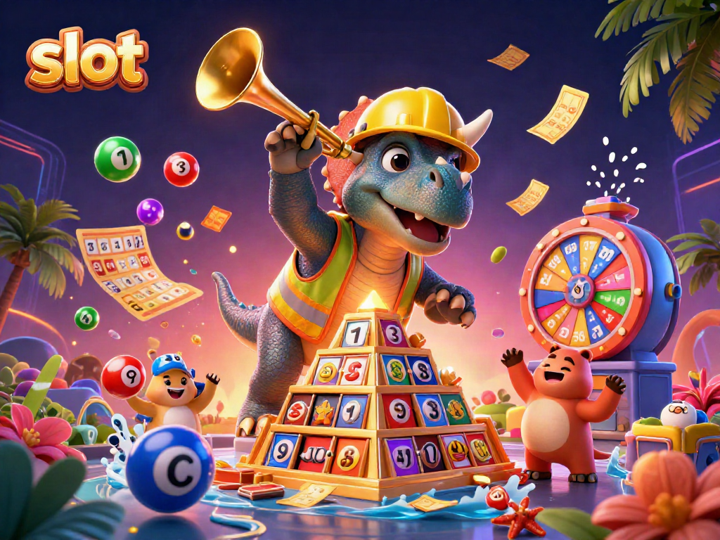 Engage with slot strategies featuring a triumphant triceratops and vibrant casino elements.