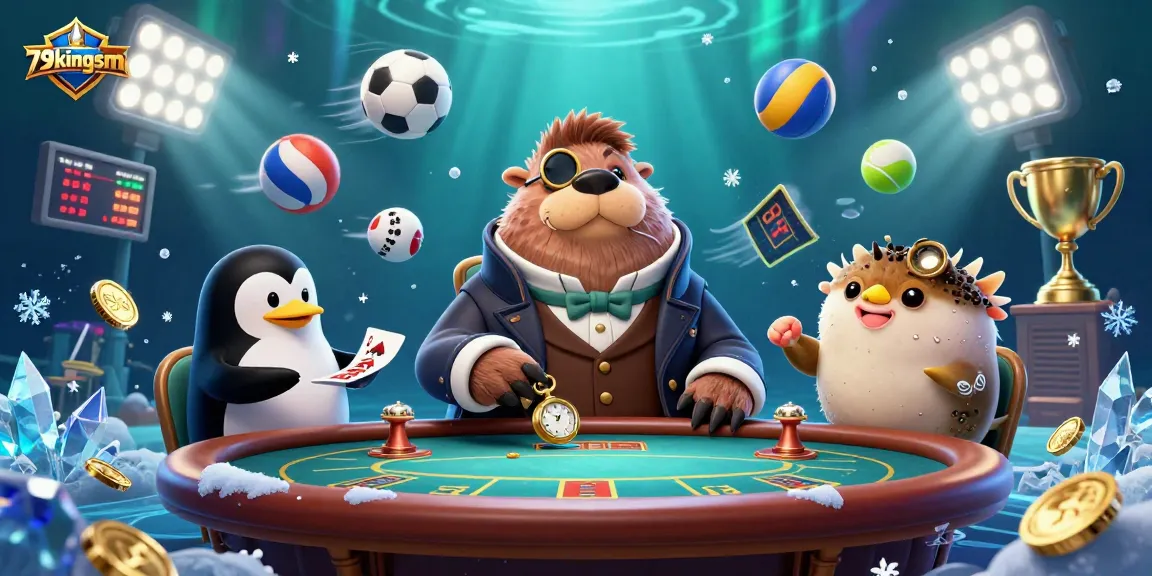 Engage with exciting gambling action at 79kingsm featuring a jolly walrus in a Victorian outfit at an underwater poker table.