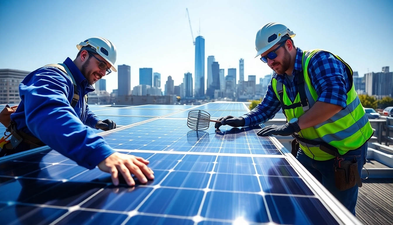 Ensuring optimal solar maintenance Jersey City NJ with skilled technicians fixing solar panels.