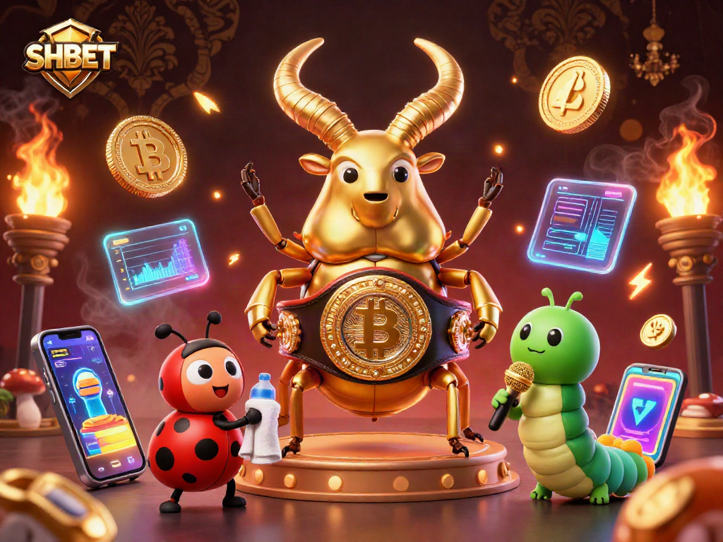 Experience the excitement of SHBET with a boxing beetle champion in a vibrant casino scene.