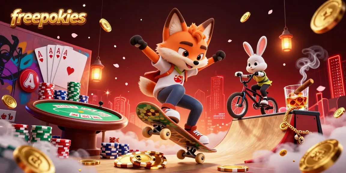 Engage with freepokies in a vibrant 3D scene featuring a skateboarder fox and BMX rabbit enjoying casino elements.