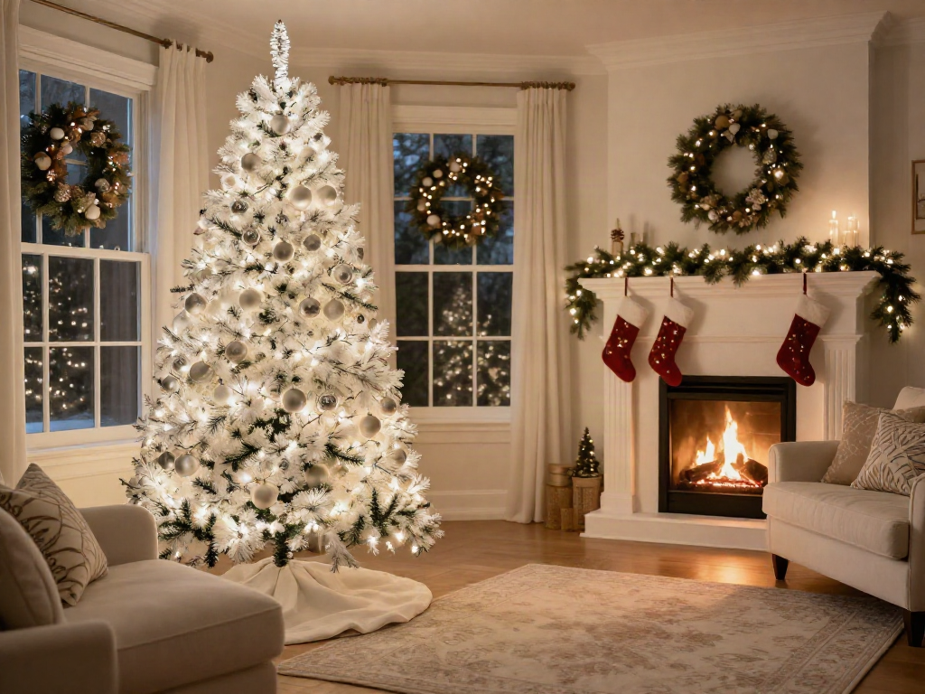 Beautiful white artificial Christmas tree decorated with lights and ornaments in a cozy living room setting.