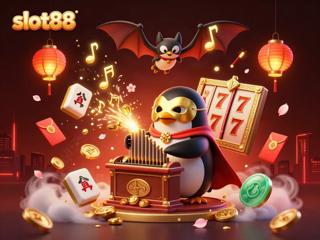 Experience slot88 with a vibrant scene featuring a penguin organist amidst glowing casinos