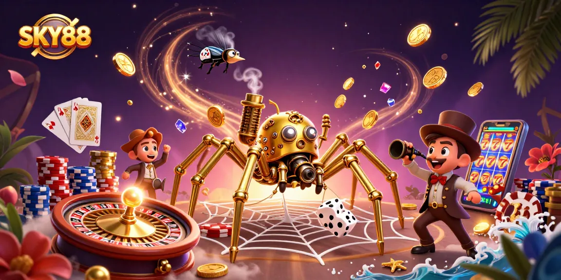 Engage with thrilling SKY88 games featuring a steampunk spider, roulette, and cascading gems.