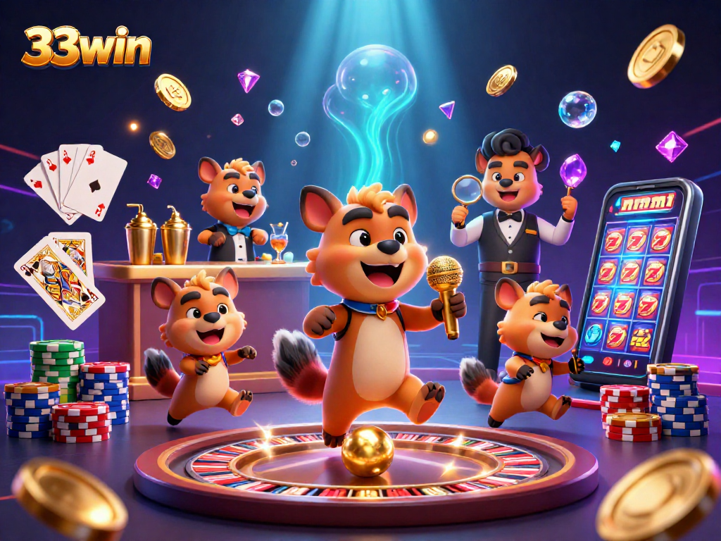 33win captivates players in a vibrant comedy casino scene with dynamic characters and rich visual elements.