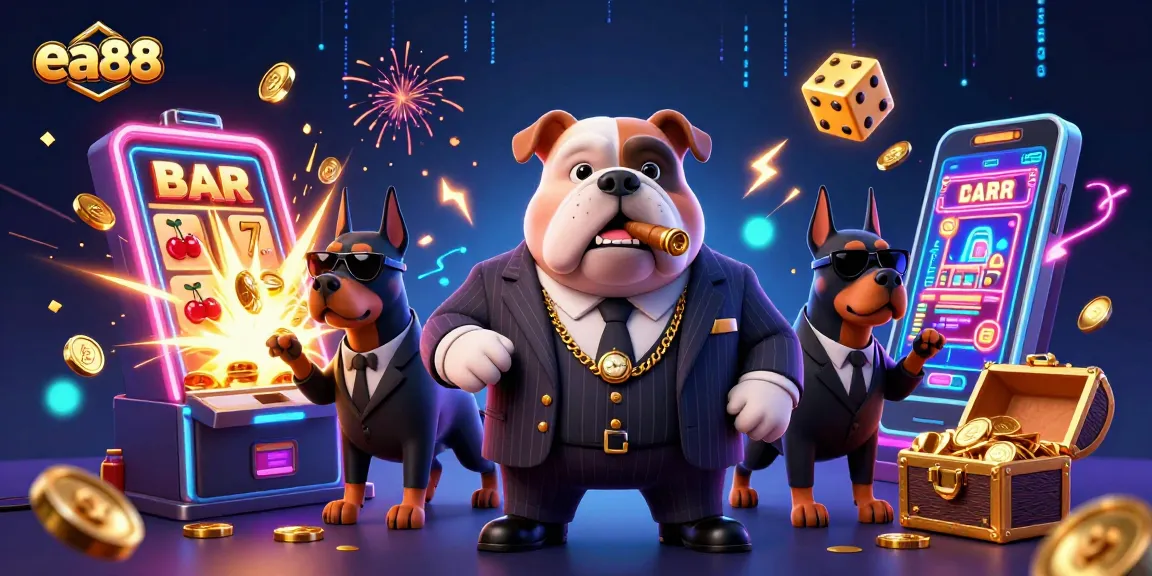 Engage in thrilling gameplay at ea88 with a cartoon mafia bulldog and action-packed casino elements.