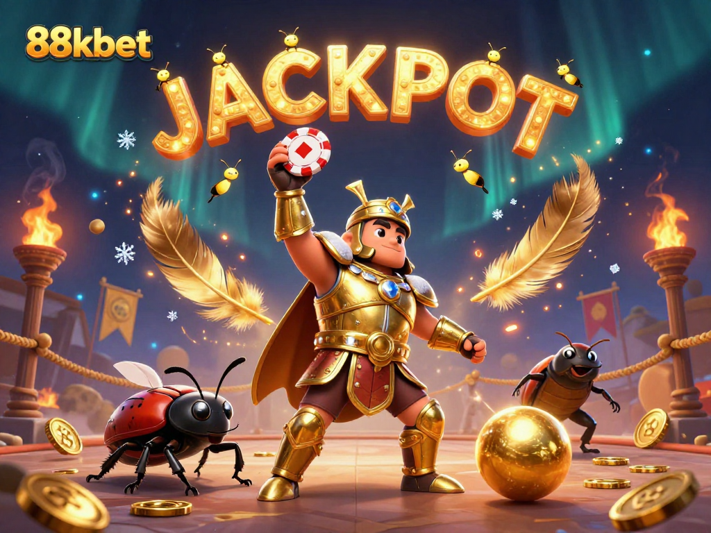 Experience thrilling wins at 88kbet with heroic beetles celebrating big jackpots in a vibrant casino scene.