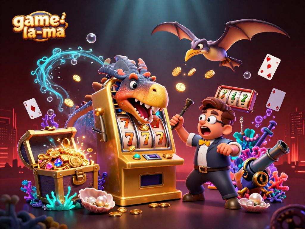 Engage with game-la-ma's vibrant slot action as a pachycephalosaurus wins big against a golden machine.
